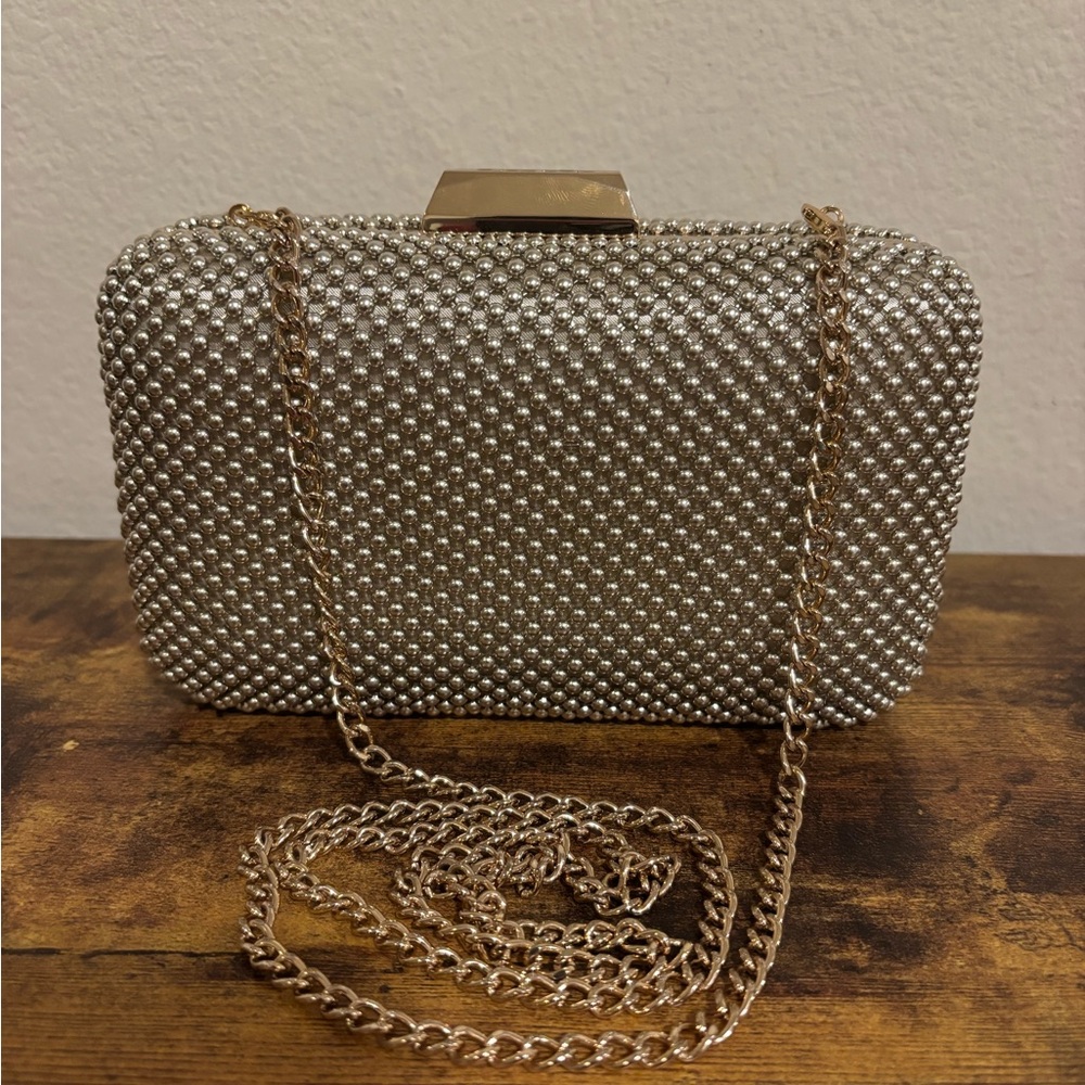 Olga Berg Natasha Silver Evening Clutch with Removable Chain Strap